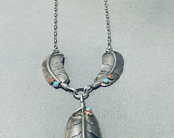 Gesigneerde Vintage Native American Navajo lange veer Sterling zilveren turquoise ketting - doe een bod!