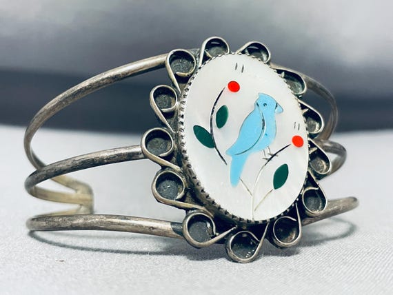 Ornate Vintage Native American Zuni Inlay Turquoise Blue Jay Sterling Silver Sizable Bracelet Ornate Vintage Native American Zuni Inlay Turquoise Blue Jay Sterling Silver Sizable Bracelet