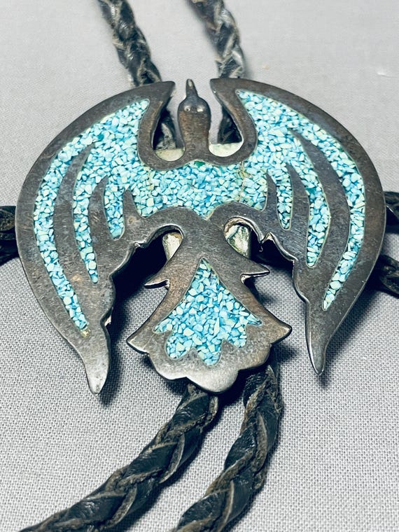 Unique Vintage Native American Navajo Turquoise Chip Inlay Sterling Silver Waterbird Bolo Unique Vintage Native American Navajo Turquoise Chip Inlay Sterling Silver Waterbird Bolo