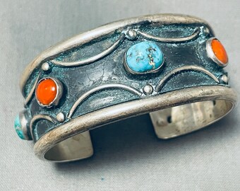 Sensational Vintage Native American Navajo Blue Gem Turquoise & Coral Sterling Silver Bracelet Sensational Vintage Native American Navajo Blue Gem Turquoise & Coral Sterling Silver Bracelet