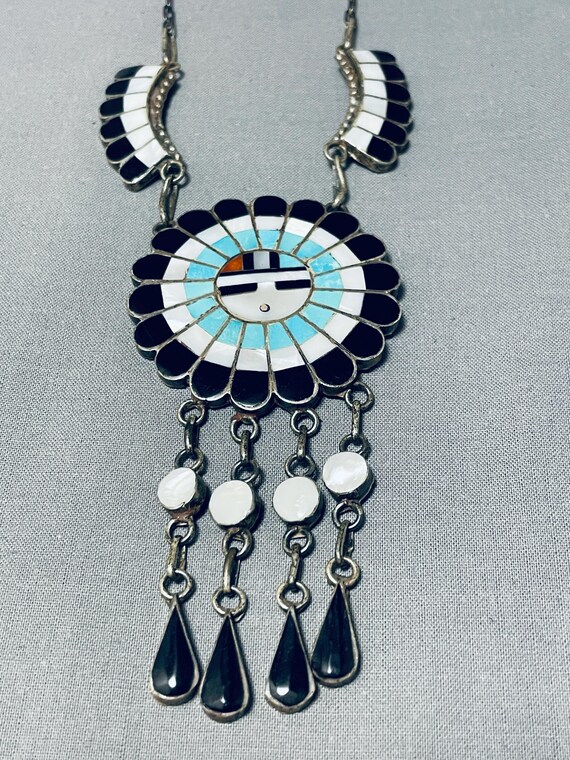 Important Vintage Native American Zuni Turquoise Coral Jet Sterling Silver Sunface Necklace Important Vintage Native American Zuni Turquoise Coral Jet Sterling Silver Sunface Necklace