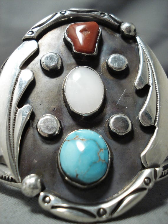 Superlative Native American Navajo Turquoise, Coral, Mother Of Pearl Sterling Silver Bracelet Superlative Native American Navajo Turquoise, Coral, Mother Of Pearl Sterling Silver Bracelet