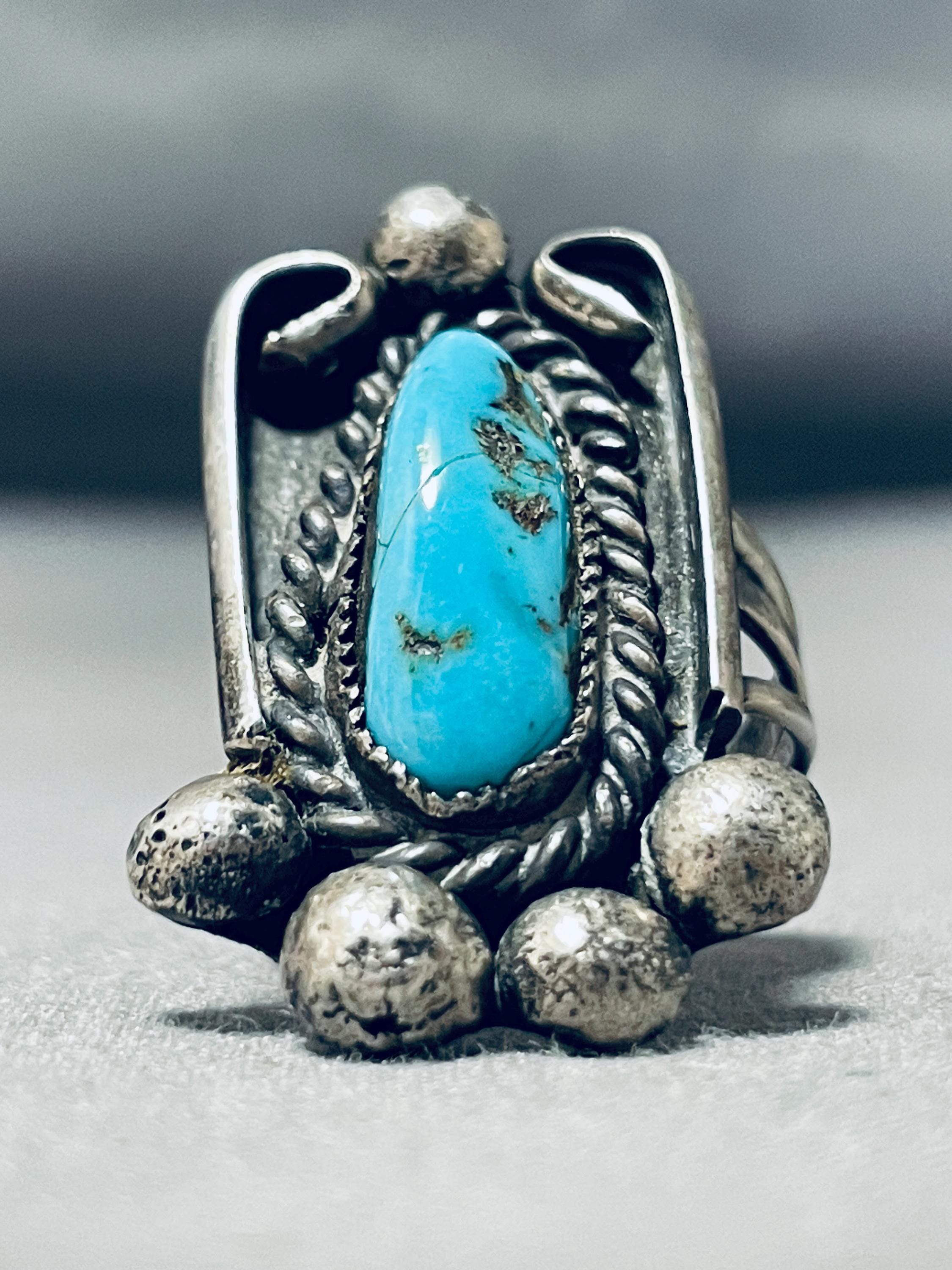 Expressive Vintage Native American Navajo Morenci Turquoise Sterling Silver Bracelet Expressive Vintage Native American Navajo Morenci Turquoise Sterling Silver Bracelet