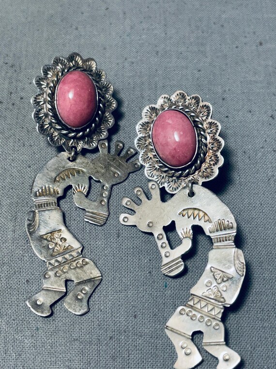 Spectacular Native American Navajo Signed Rhodolyte Sterling Silver Kokopelli Earrings Spectacular Native American Navajo Signed Rhodolyte Sterling Silver Kokopelli Earrings