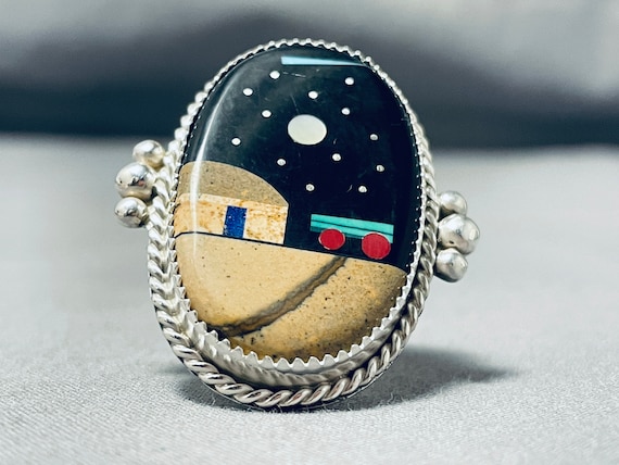 Sensational Native American Navajo Jet Stone Sterling Silver Ring Sensational Native American Navajo Jet Stone Sterling Silver Ring