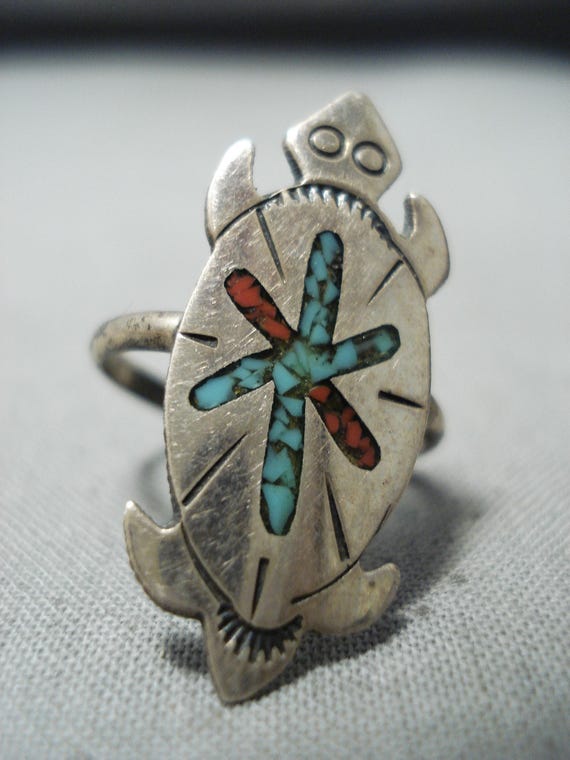 Outstanding Vintage Native American Navajo Turquoise Coral Sterling Silver Ring Outstanding Vintage Native American Navajo Turquoise Coral Sterling Silver Ring