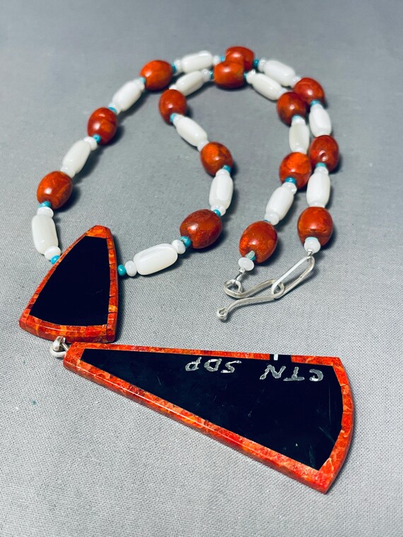 Native American One Of The Most Unique Santo Domingo Coral Sterling Silver Inlay Necklace Native American One Of The Most Unique Santo Domingo Coral Sterling Silver Inlay Necklace