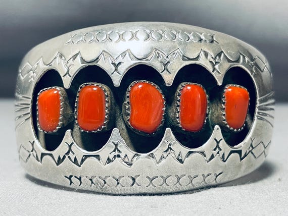 Unique Cuff Vintage Native American Navajo Coral Sterling Silver Sun Stamp Bracelet Unique Cuff Vintage Native American Navajo Coral Sterling Silver Sun Stamp Bracelet