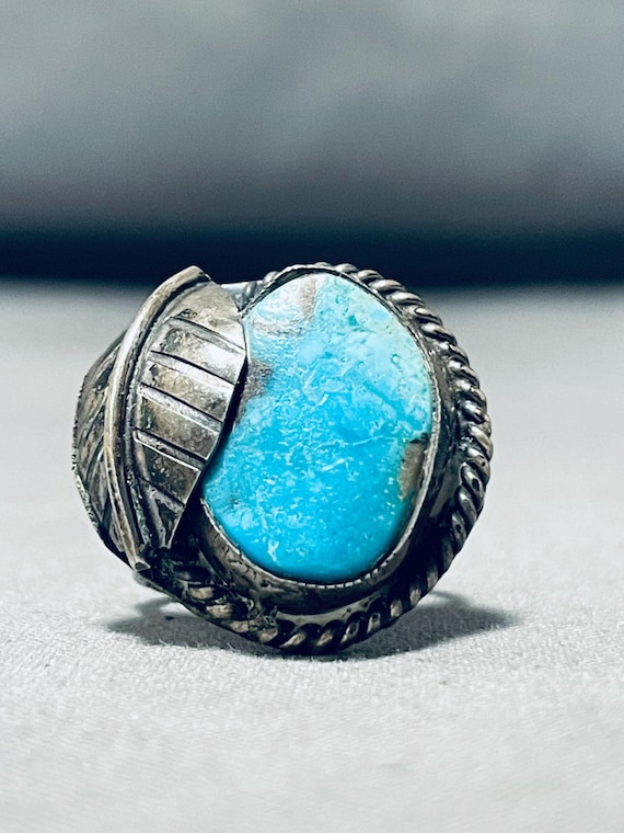 Amazing Vintage Native American Navajo Blue Gem Turquoise Sterling Silver Leaf Ring Old Amazing Vintage Native American Navajo Blue Gem Turquoise Sterling Silver Leaf Ring Old