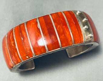 One Of The Best Ever Vintage Native American Navajo Coral Inlay Sterling Silver Bracelet - Make An Offer!