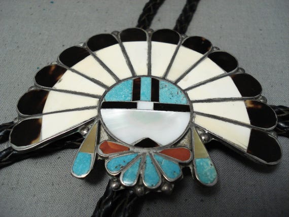 Magnificent Vintage Native American Zuni Turquoise Sterling Silver Sunface Bolo Magnificent Vintage Native American Zuni Turquoise Sterling Silver Sunface Bolo