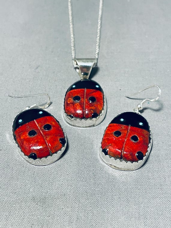 Lester James Native American Navajo Spiny Oyster Onyx Sterling Silver Ladybug Earring Set Lester James Native American Navajo Spiny Oyster Onyx Sterling Silver Ladybug Earring Set