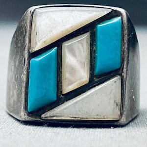 Thicker Vintage Navajo Turquoise Pearl Inlay Sterling Silver Ring - Make An Offer!