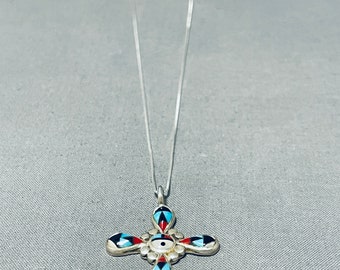 Authentische Vintage Native American Zuni Türkis Koralle Sunface Sterling Silber Kreuz Halskette - Machen Sie ein Angebot!