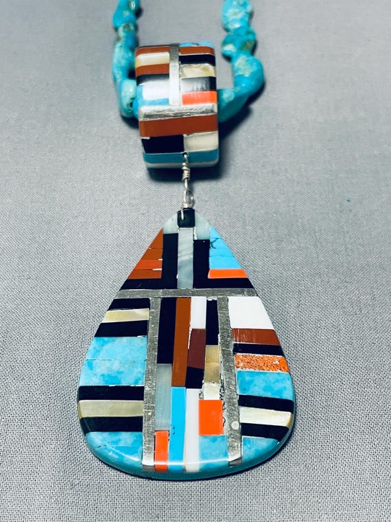 Native American One Of The Best Vintage Santo Domingo Inlay Turquoise Sterling Silver Necklace Native American One Of The Best Vintage Santo Domingo Inlay Turquoise Sterling Silver Necklace