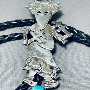 Fascinating Native American Navajo Blue Gem Turquoise Sterling Silver Kachina Bolo Fascinating Native American Navajo Blue Gem Turquoise Sterling Silver Kachina Bolo