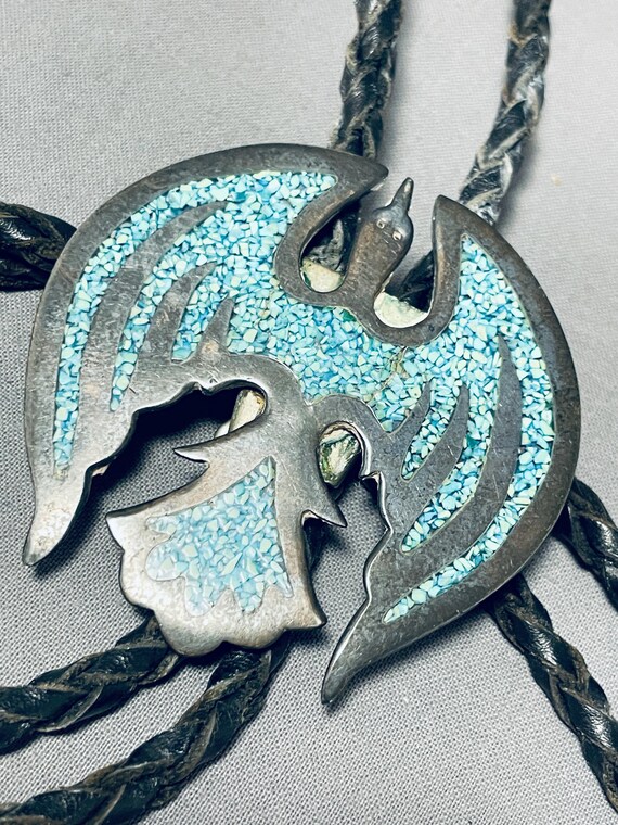 Unique Vintage Native American Navajo Turquoise Chip Inlay Sterling Silver Waterbird Bolo Unique Vintage Native American Navajo Turquoise Chip Inlay Sterling Silver Waterbird Bolo