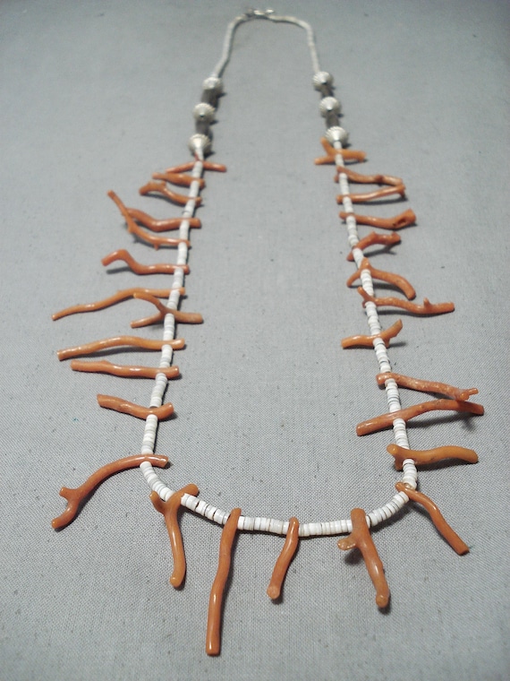 Outstanding Vintage Native American Navajo Coral White Shell Sterling Silver Necklace Outstanding Vintage Native American Navajo Coral White Shell Sterling Silver Necklace
