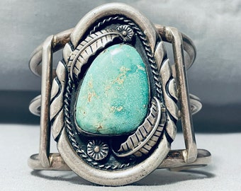 Massive 172 Gram Vintage Native American Navajo Green Turquoise Sterling Silver Bracelet Old - Make An Offer!