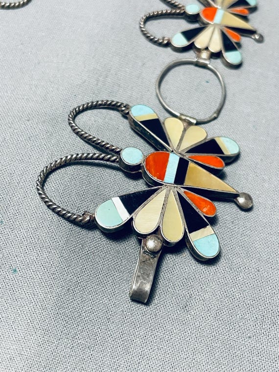 Important Vintage Native American Zuni Turquoise Inlay Butterfly Sterling Silver Concho Belt Important Vintage Native American Zuni Turquoise Inlay Butterfly Sterling Silver Concho Belt