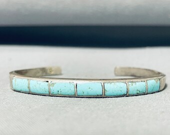 Captivating Vintage Native American Navajo Inlay 7 Blue Gem Turquoise Sterling Silver Bracelet - Make An Offer!