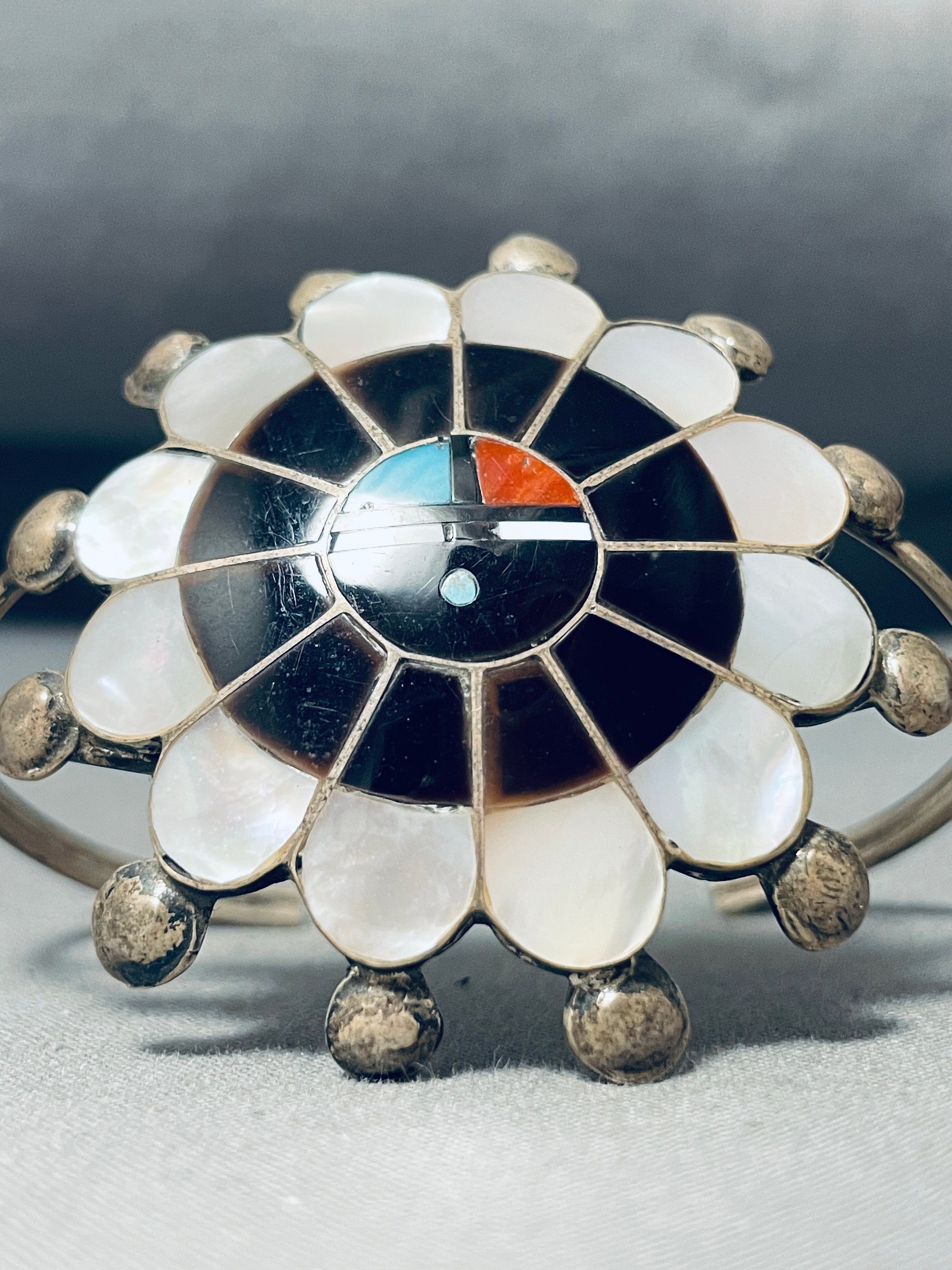 Glrious Vintage Native American Zuni Inlay Turquoise Jet Coral Sunface Sterling Silver Bracelet Glrious Vintage Native American Zuni Inlay Turquoise Jet Coral Sunface Sterling Silver Bracelet