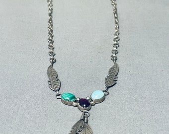 Gorgeous Vintage Native American Navajo Feather Turquoise Sterling Silver Necklace - Make An Offer!