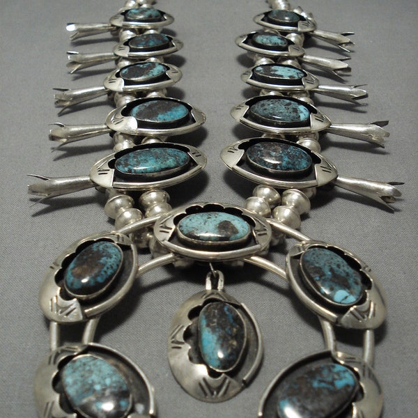 Alert!! Bisbee Turquoise Vintage Native American Navajo Sterling Silver Squash Blossom Necklace