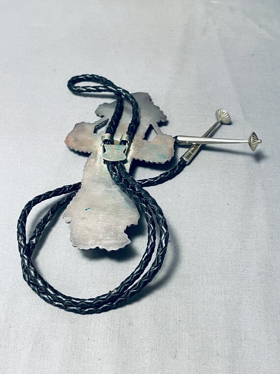Museum Quality Long Vintage Native American Zuni Turquoise Inlay Sterling Silver Bolo Tie Museum Quality Long Vintage Native American Zuni Turquoise Inlay Sterling Silver Bolo Tie