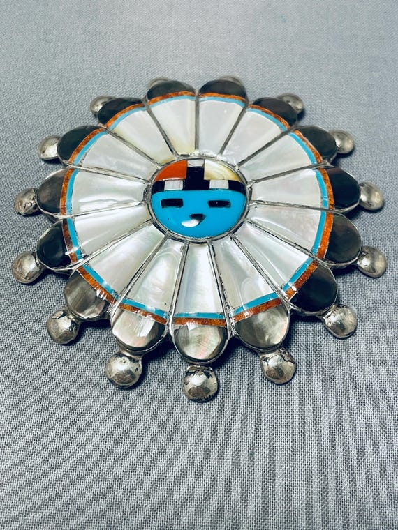 Important Very Detailed Vintage Native American Zuni Turquoise Coral Sterling Silver Pin Important Very Detailed Vintage Native American Zuni Turquoise Coral Sterling Silver Pin