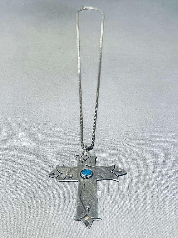 Heavenly Vintage Native American Navajo Morenci Turquoise Sterling Silver Cross Necklace Heavenly Vintage Native American Navajo Morenci Turquoise Sterling Silver Cross Necklace