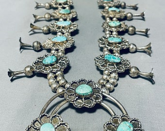 240 Gramm Schnapp! Vintage Native American Navajo Türkis Sterling Silber Squash Blossom Halskette - Machen Sie ein Angebot!