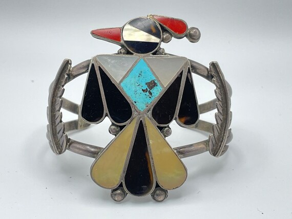 Huge And Old Vintage Zuni Turquoise Bird Coral Native American Jewelry Silver Bracelet Huge And Old Vintage Zuni Turquoise Bird Coral Native American Jewelry Silver Bracelet