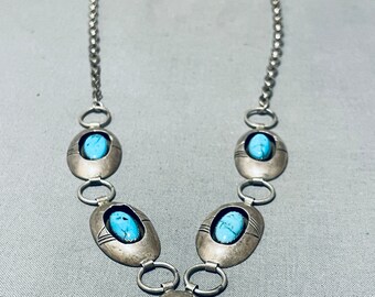 Gasp! Vintage Native American Navajo Domed Turquoise Sterling Silver Necklace - Make An Offer!