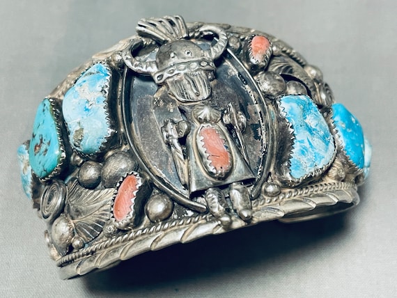 One Of The Best Ever Vintage Native American Navajo Kachina Turquoise Sterling Silver Bracelet One Of The Best Ever Vintage Native American Navajo Kachina Turquoise Sterling Silver Bracelet