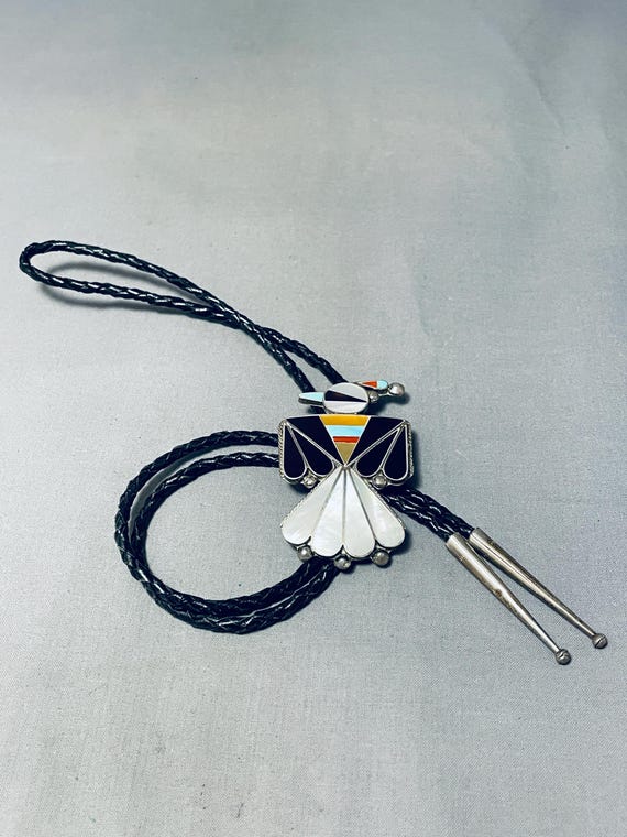 Astounding Vintage Native American Zuni Turquoise Sterling Silver Thunderbird Bolo Astounding Vintage Native American Zuni Turquoise Sterling Silver Thunderbird Bolo