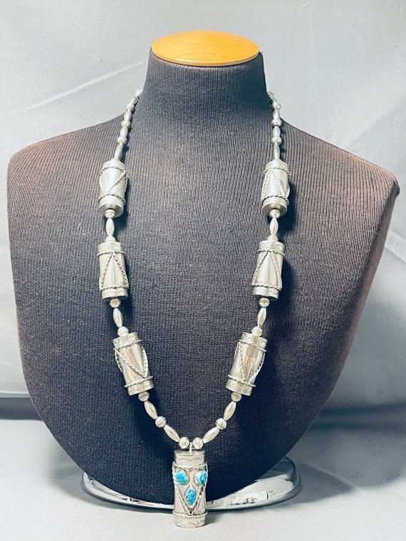 Rare Longer Vintage Native American Navajo Turquoise Torpedo Sterling Silver Necklace Old Rare Longer Vintage Native American Navajo Turquoise Torpedo Sterling Silver Necklace Old