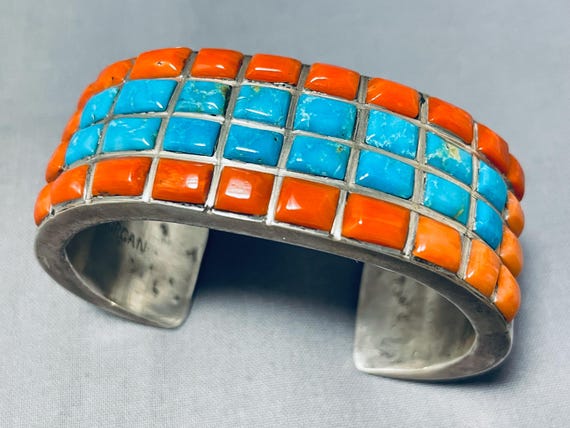 Important Vintage Native American Navajo Coral Sterling Silver Bracelet Important Vintage Native American Navajo Coral Sterling Silver Bracelet