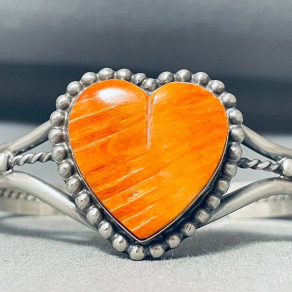 Lovely Native American Navajo Orange Spiny Oyster Sterling Silver Heart Bracelet - Make An Offer!