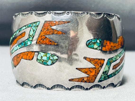 Sturdy Vintage Native American Navajo Turquoise Coral Kachina Sterling Silver Bracelet Sturdy Vintage Native American Navajo Turquoise Coral Kachina Sterling Silver Bracelet