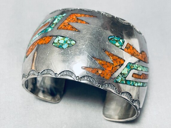 Sturdy Vintage Native American Navajo Turquoise Coral Kachina Sterling Silver Bracelet Sturdy Vintage Native American Navajo Turquoise Coral Kachina Sterling Silver Bracelet