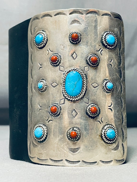 Colossal Native American Green Turquoise Inlay Sterling Silver Bracelet Cuff Colossal Native American Green Turquoise Inlay Sterling Silver Bracelet Cuff