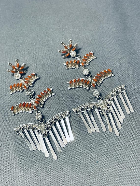 Dynamic Native American Zuni Coral Sterling Silver Dangle Earrings Dynamic Native American Zuni Coral Sterling Silver Dangle Earrings