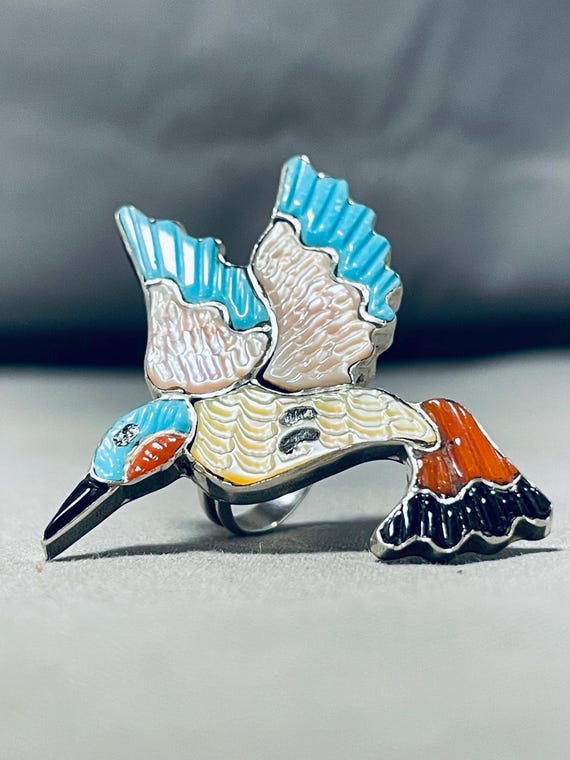 Marvelous Native American Zuni Signed Blue Gem Coral Inlay Silver Hummingbird Huge Ring Marvelous Native American Zuni Signed Blue Gem Coral Inlay Silver Hummingbird Huge Ring