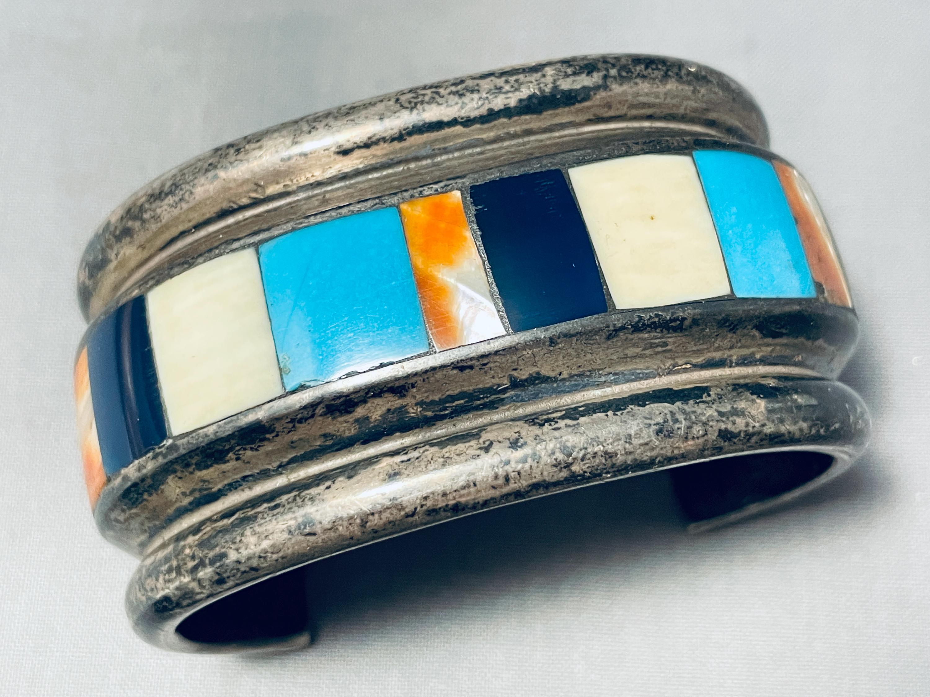 161 Grams Heavy Vintage Navajo Turquoise Inlay Sterling Silver