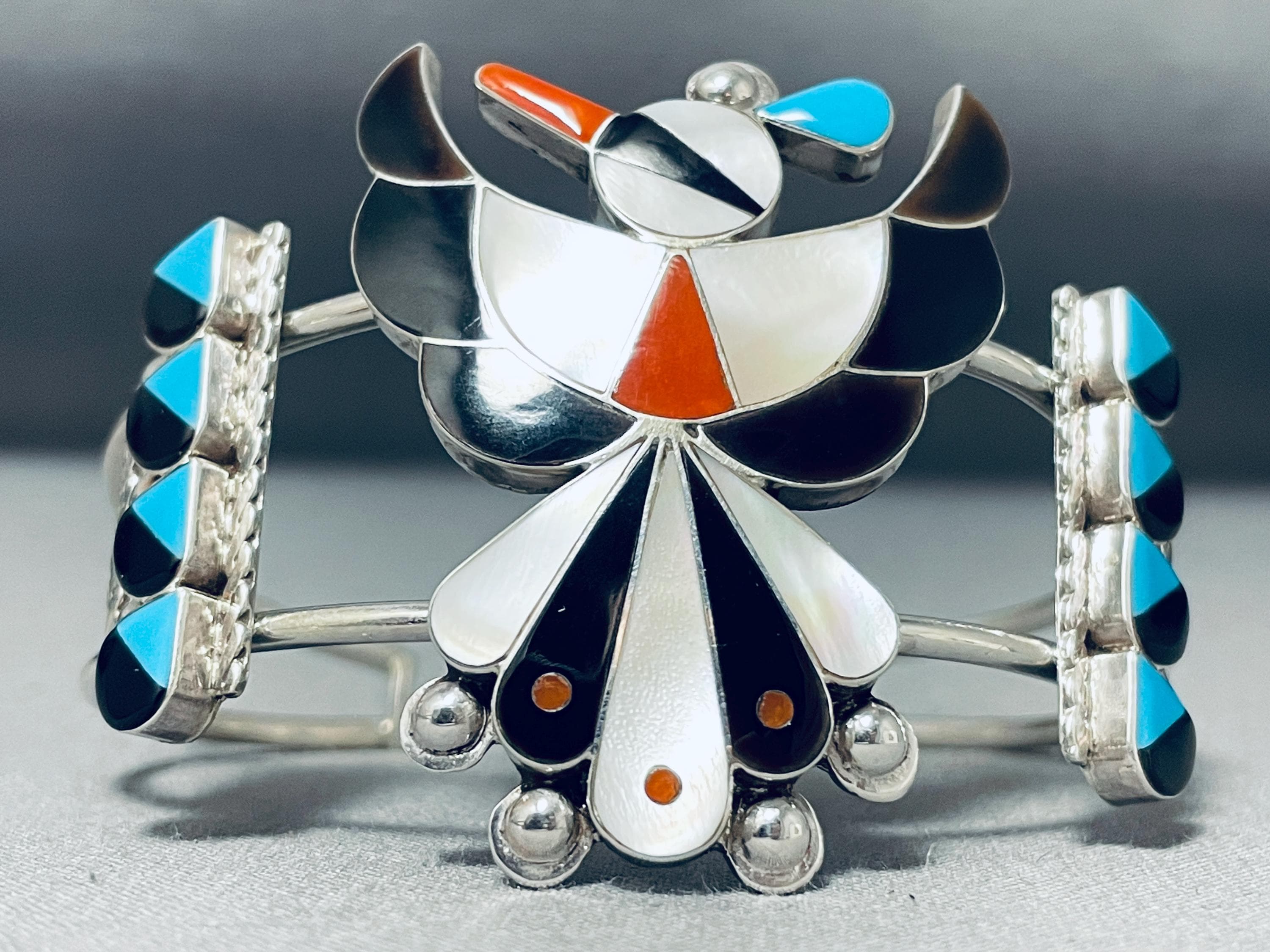 Towering Zuni 'Coral Turquoise Needle Stone' Native American Jewelry Silver Bracelet Towering Zuni 'Coral Turquoise Needle Stone' Native American Jewelry Silver Bracelet