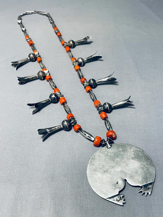 Native American Museum Vintage Chunk Coral Sterling Silver Torpedo Open Arms Necklace Native American Museum Vintage Chunk Coral Sterling Silver Torpedo Open Arms Necklace