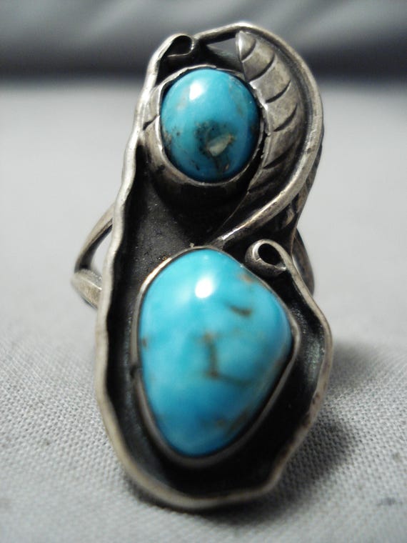 Quality Vintage Native American Navajo Blue Turquoise Signed Sterling Silver Ring Old Quality Vintage Native American Navajo Blue Turquoise Signed Sterling Silver Ring Old