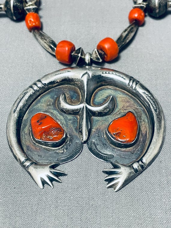 Native American Museum Vintage Chunk Coral Sterling Silver Torpedo Open Arms Necklace Native American Museum Vintage Chunk Coral Sterling Silver Torpedo Open Arms Necklace