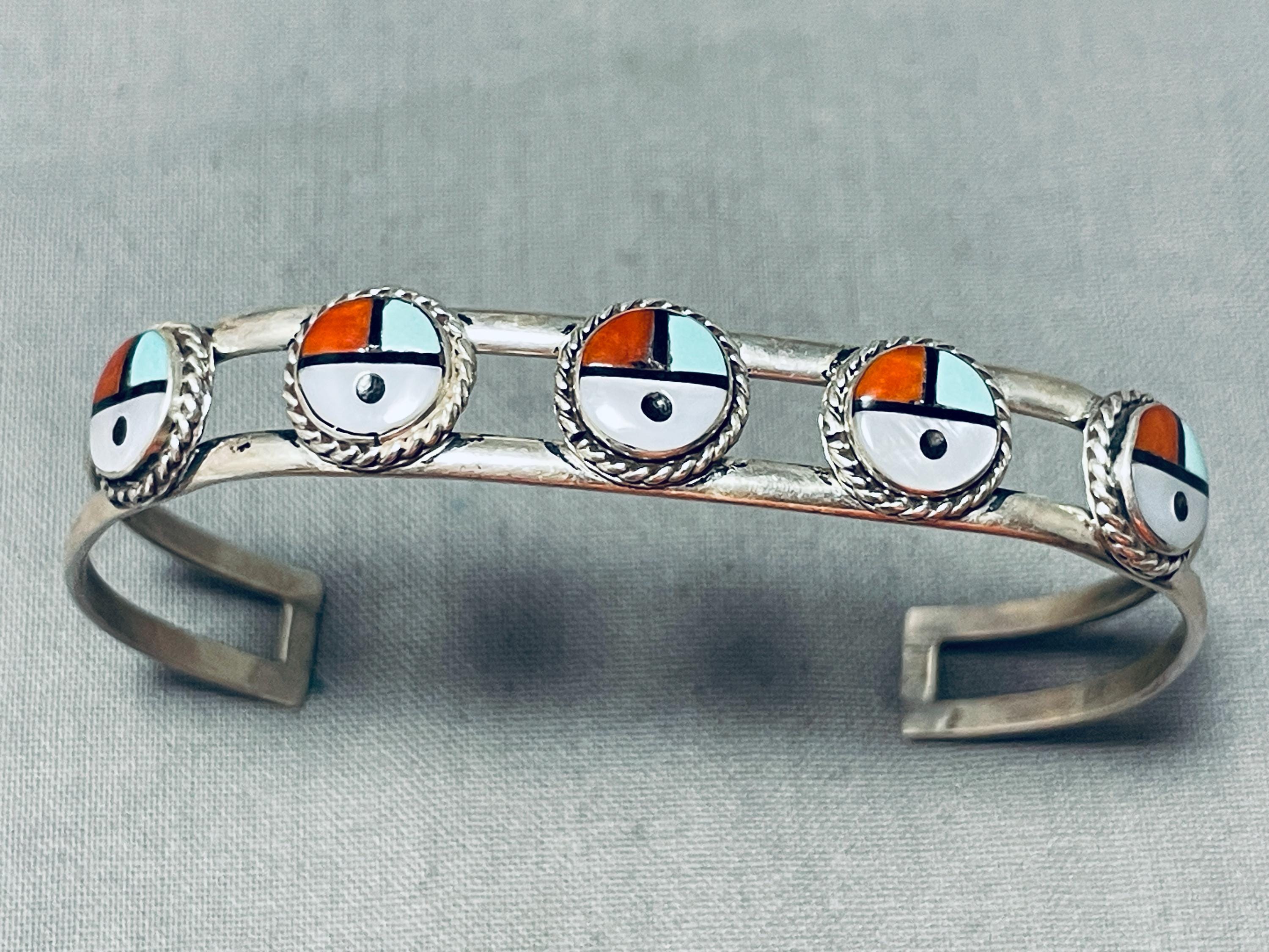 Rare Vintage Native American Zuni 5 Inlay Sunfaces Turquoise Coral